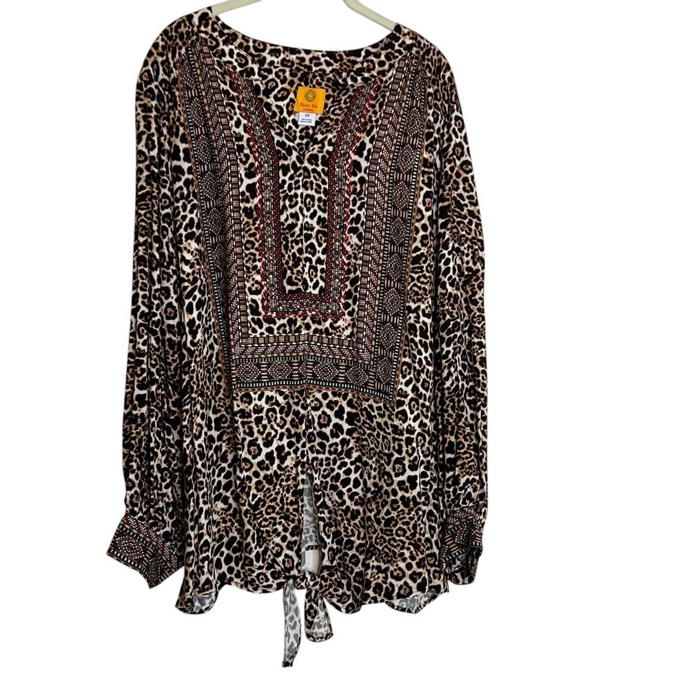 Ruby Rd Woman Blouse 2X Leopard Animal Print Tie Front Stud Embellished Rayon